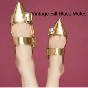 *SALE*Bill Blass Vintage Metallic Gold Leather Pointed Sylvie Slide Buckle Mules